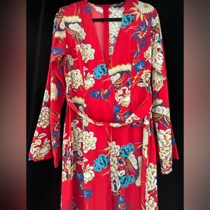 Red floral floor length dress.